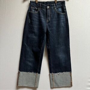 Boutique Dark Wash Wide Leg Cropped Jeans Oversized Cuff Raw Hem Sz S